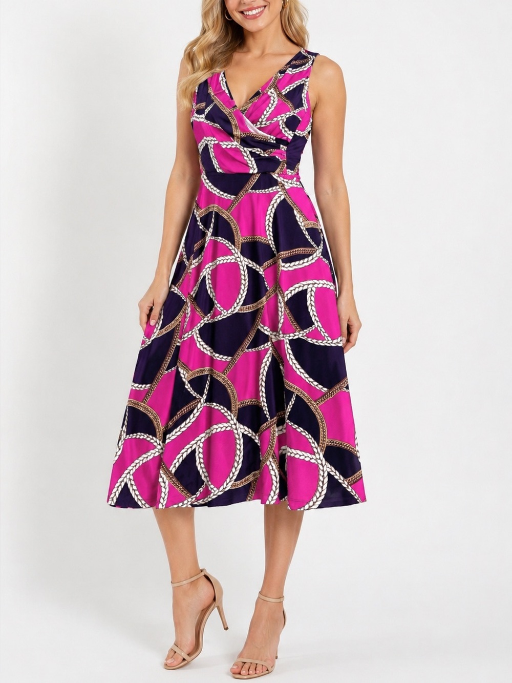 Lauren Ralph Lauren Black Label Jersey Dress Fuchsia And Navy Chain Print Size 8